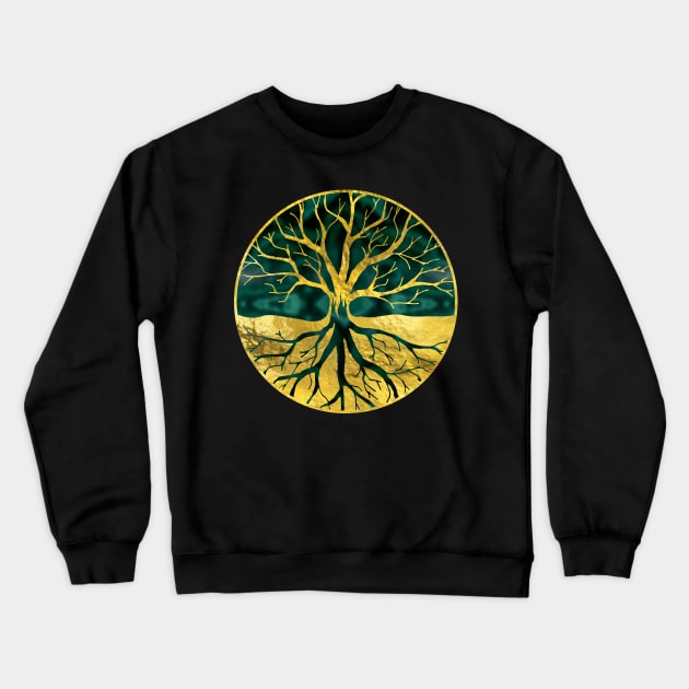 Golden Tree of Life Yggdrasil on Malachite Crewneck Sweatshirt by Nartissima